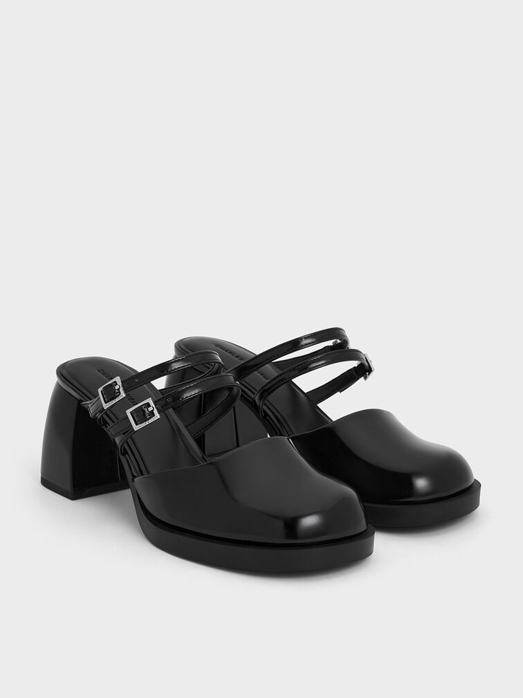 Double-Strap Platform Mules, Black Boxed, hi-res