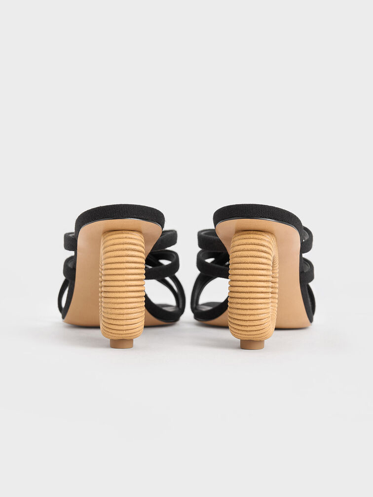 Linen Sculptural-Heel Strappy Mules, Black Textured, hi-res