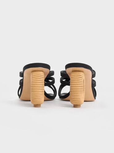 Linen Sculptural-Heel Strappy Mules, Black Textured, hi-res