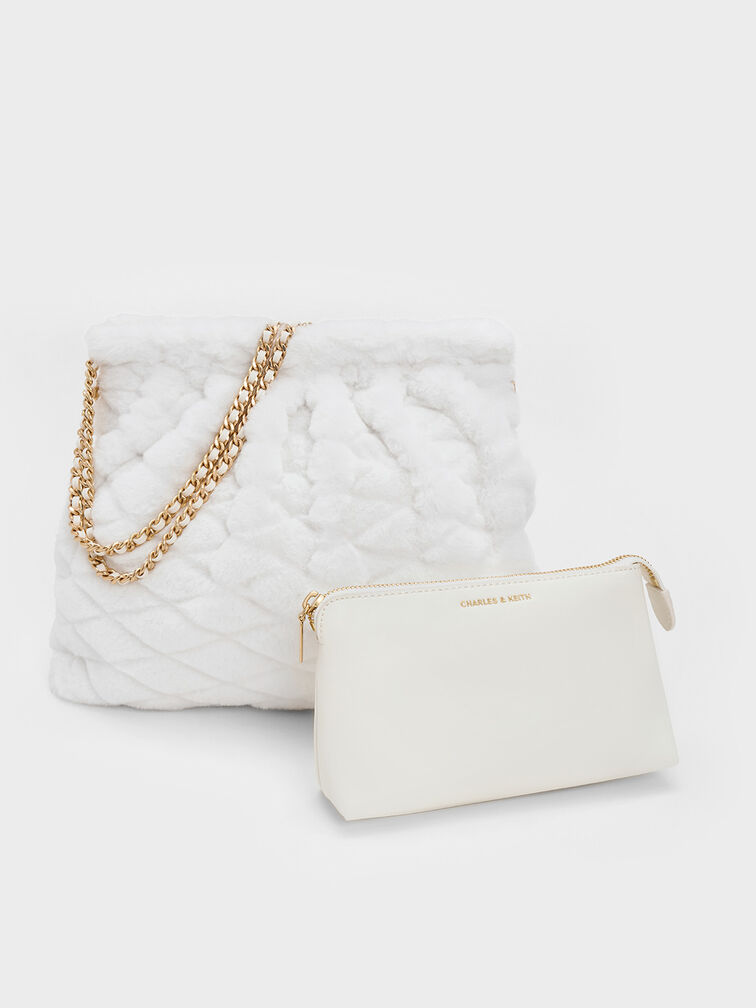 Duo Furry Chain-Handle Hobo Bag, White, hi-res