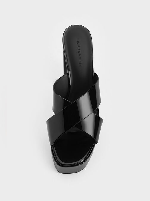 รองเท้าแพลตฟอร์มหนังแก้วแบบเปิดส้นดีไซน์สายคาดแบบไขว้, หนังแก้วสีดำ, hi-res