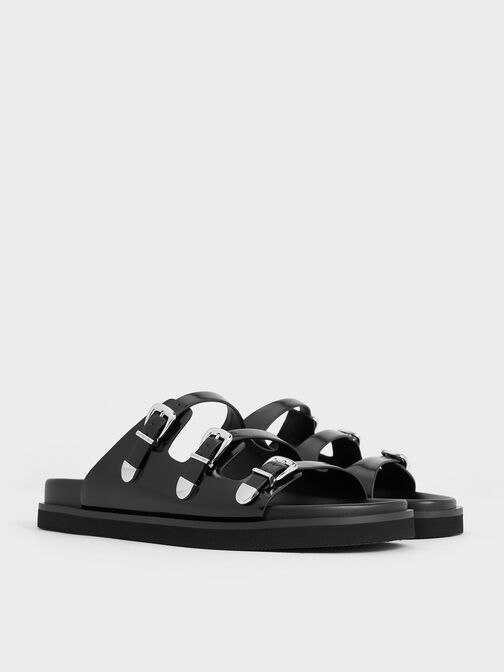 Buckled Triple-Strap Sandals, Black Boxed, hi-res