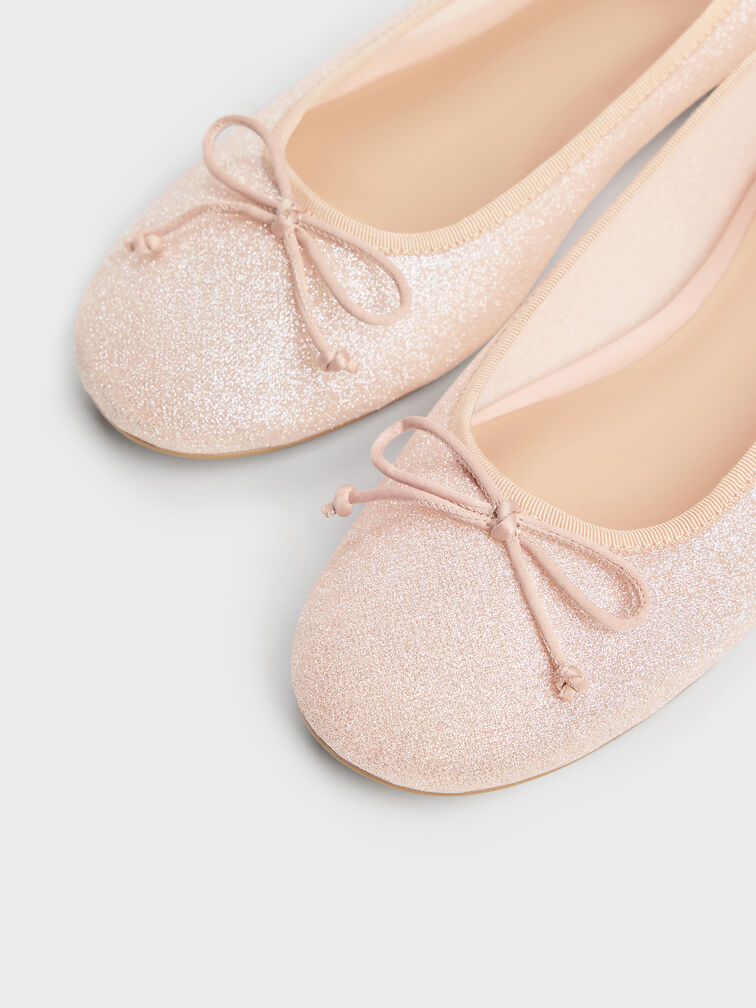 Glittered Mesh Bow Ballet Flats, Pink, hi-res