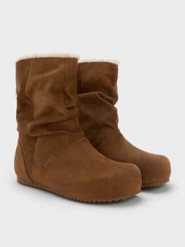 Faux Suede & Faux Shearling Ruched Fold-Over Boots, Brown, hi-res