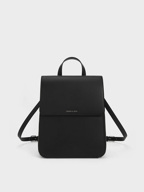 กระเป๋าเป้แบบมีทรงดีไซน์ที่ปิดด้านหน้า, สีดำอะไหล่สีเงิน, hi-res