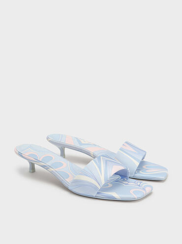 Swirl-Print Kitten-Heel Mules, Light Blue, hi-res