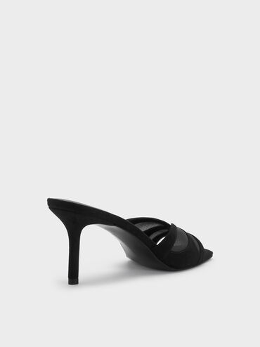 Faux Suede & Mesh Heeled Mules, Black Textured, hi-res