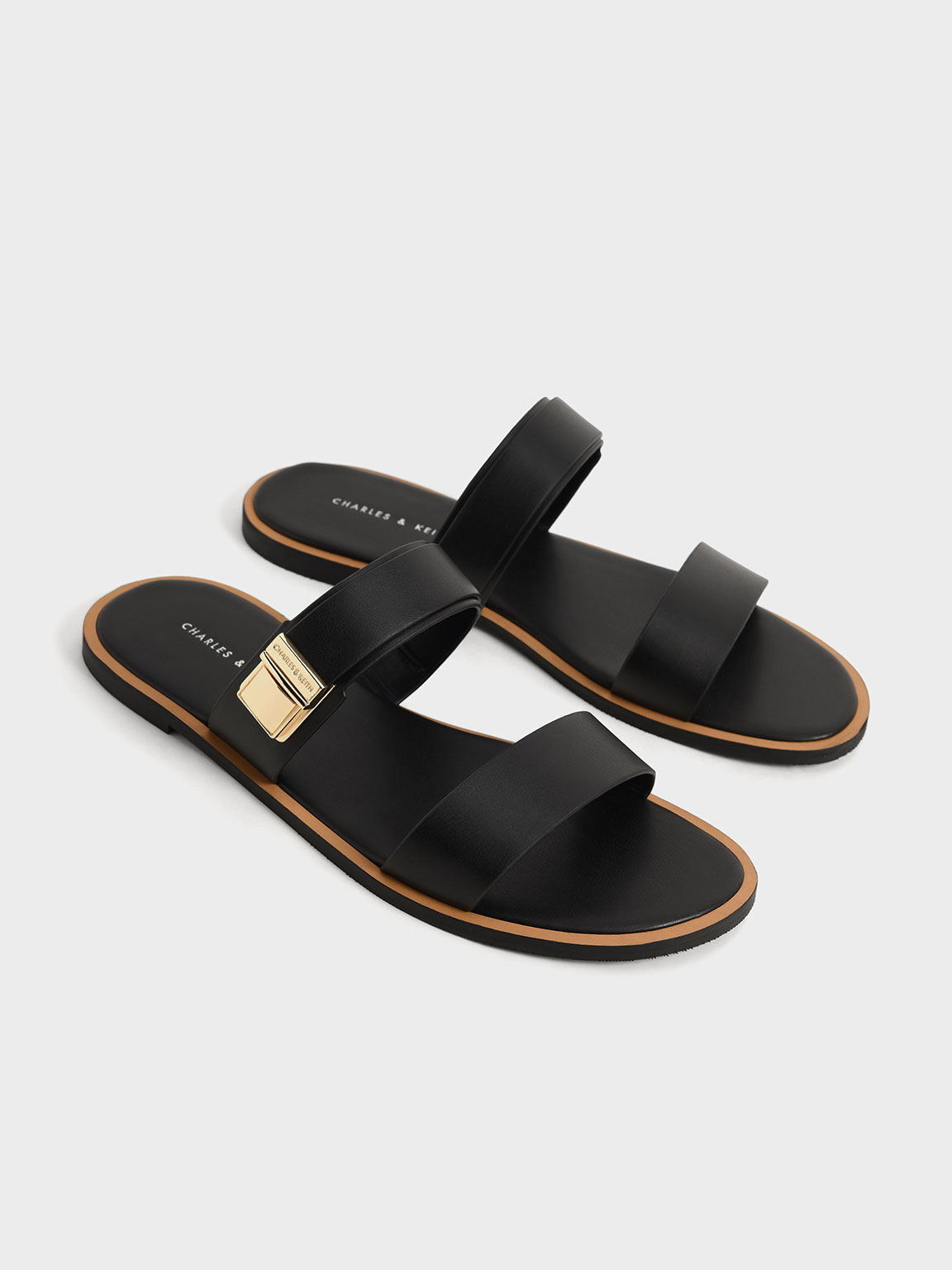 Metallic Buckle Slide Sandals, Black, hi-res