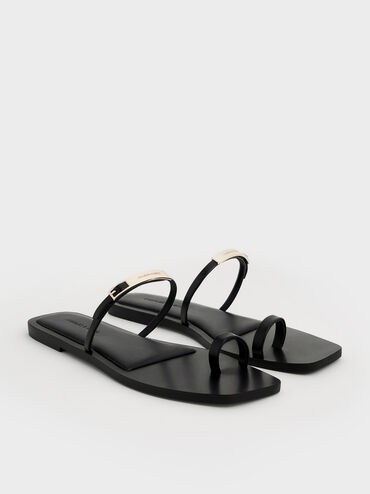 Metallic-Bar Toe-Ring Sandals, Black, hi-res