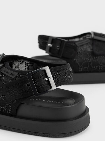 Beaded Mesh Flatform Sandals, สีดำ, hi-res