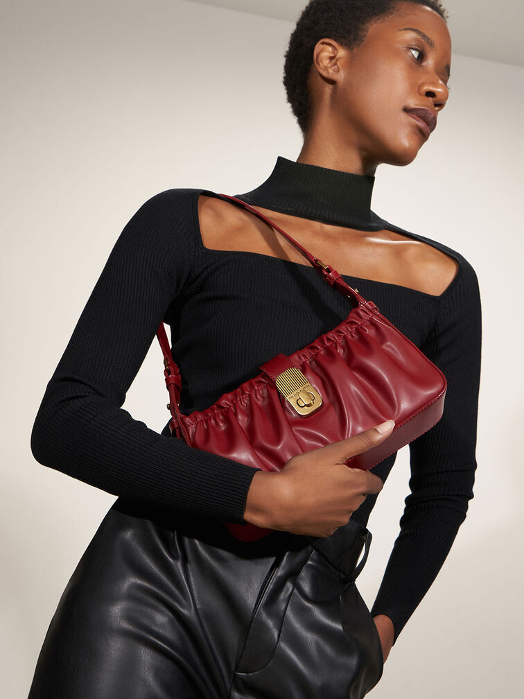 Enya Ruched Turn-Lock Shoulder Bag, , hi-res