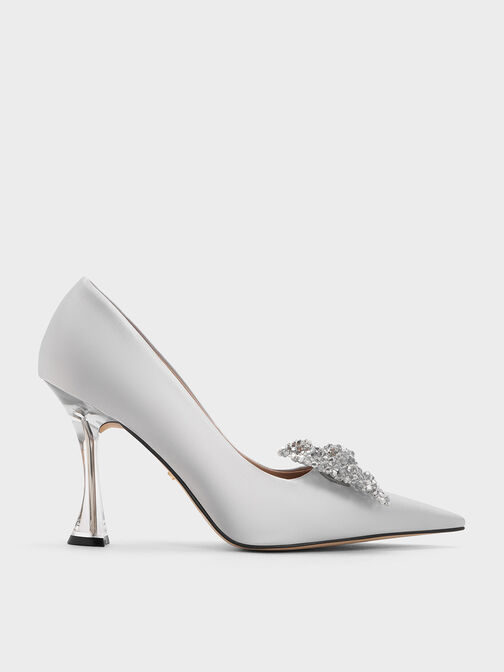 Recycled Polyester Beaded Bow Pumps, Silver, hi-res