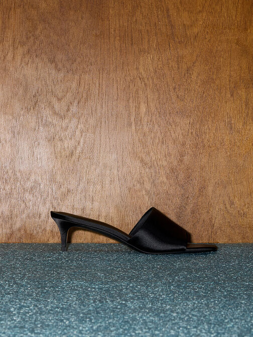 Satin Square-Toe Kitten-Heel Mules, Black Textured, hi-res