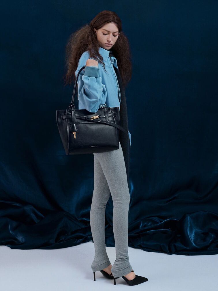 กระเป๋าโท้ทรุ่น Delfina, สีดำอะไหล่สีเงิน, hi-res