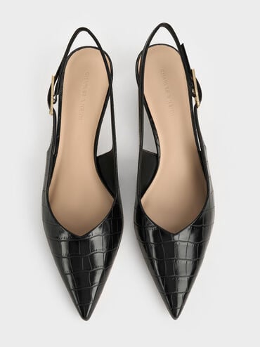 Luciana Croc-Effect Kitten-Heel Slingback Pumps, Animal Print Black, hi-res