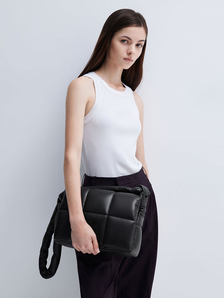 Errya Nylon Quilted Puffy Crossbody Bag, สีดำอะไหล่สีดำ, hi-res