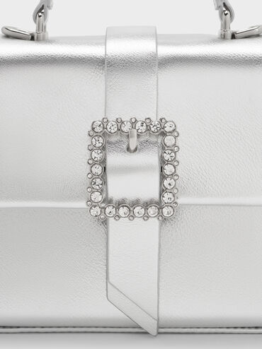 Metallic Crystal-Buckle Belted Top Handle Bag, Silver, hi-res