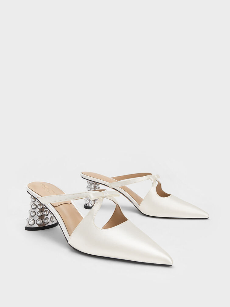 Beaded Heel Bow Mules, สีขาว, hi-res