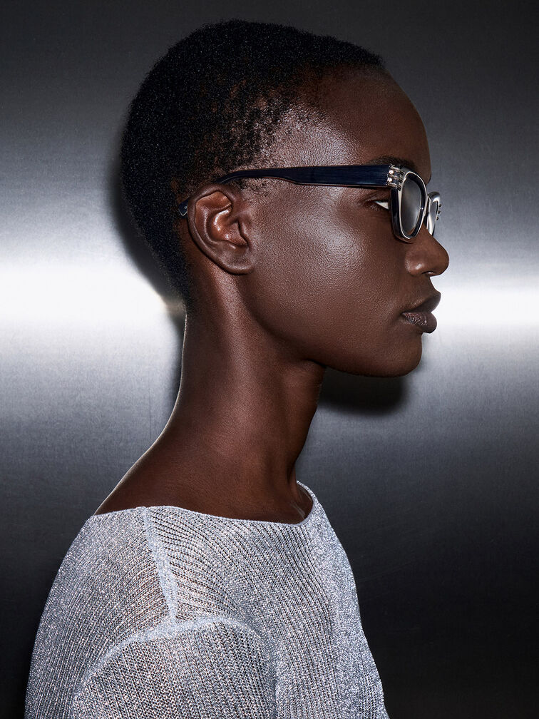 แว่นตากันแดดทรงตาแมวดีไซน์มุมเหลี่ยมตกแต่งด้วยอะไหล่เมทัลลิควัสดุอะซิเตทรีไซเคิล, สีดำอะไหล่สีเงิน, hi-res