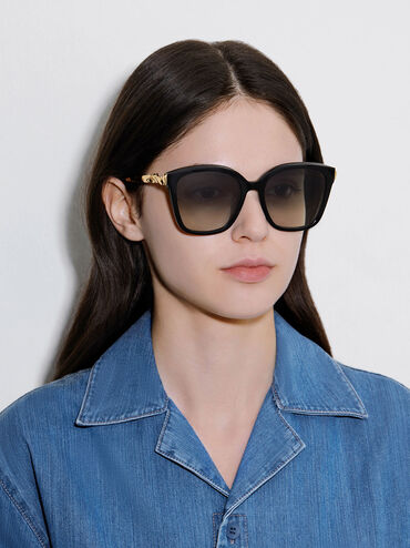 Oversized Square Acetate Sunglasses, สีดำ, hi-res
