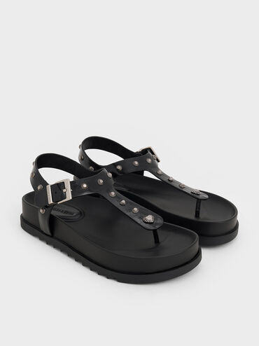 Studded Heart-Embellished Thong Sandals, Black, hi-res