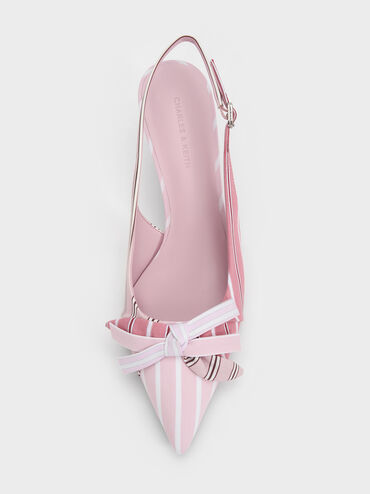 Striped Knot-Bow Pointed Slingback Pumps, Light Pink, hi-res