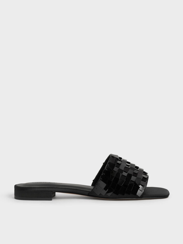 Sequinned Satin Slide Sandals, , hi-res