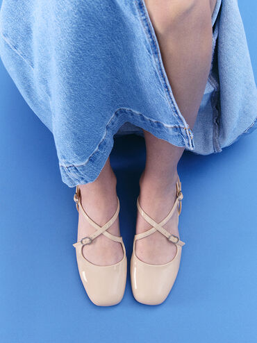Patent Crossover Buckled Slingback Flats, Nude, hi-res