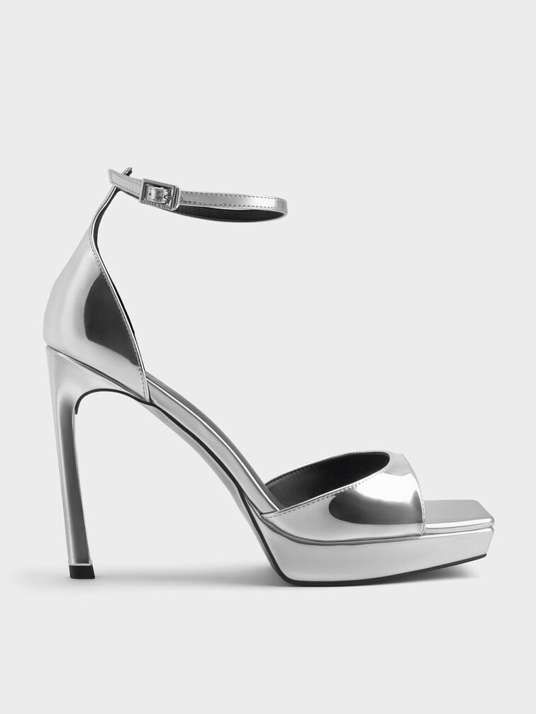 Metallic Platform Heeled Sandals, Silver, hi-res