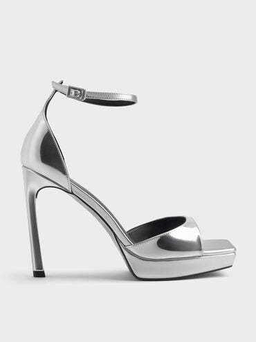 Metallic Platform Heeled Sandals, Silver, hi-res