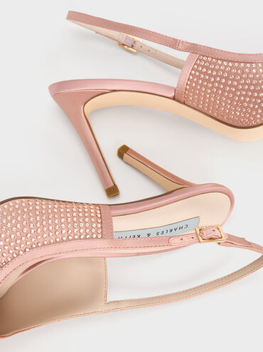 Satin Crystal-Embellished Slingback Pumps, สีนู้ด, hi-res
