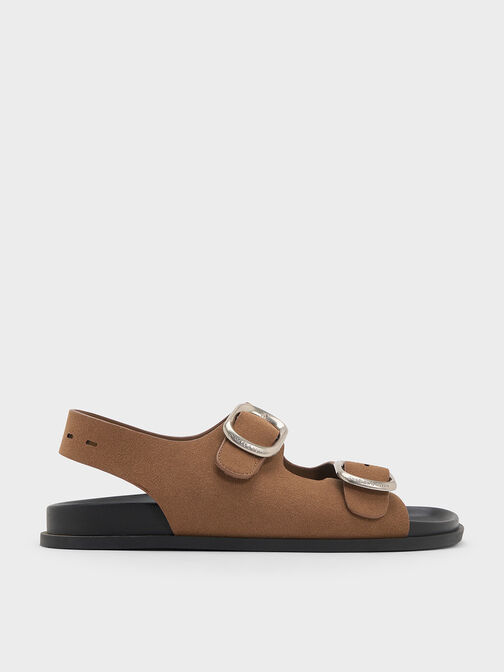 Suede Buckled Double-Strap Slingback Sandals, Brown, hi-res