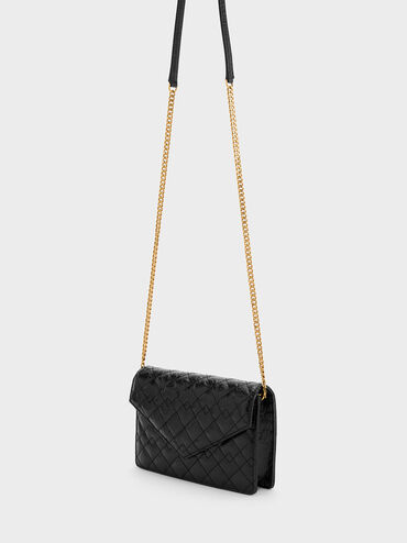 Duo Quilted Envelope Clutch, สีดำอะไหล่สีดำ, hi-res