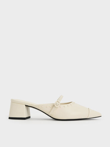 Studded Pointed-Toe Block Heel Mules, สีชอล์ค, hi-res