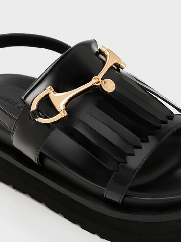 Horsebit & Fringe Platform Sandals, Black Boxed, hi-res