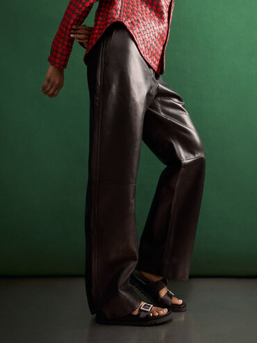 รองเท้าแตะดีไซน์สายคาดแบบคู่พร้อมหัวเข็มขัดประดับเพชร, สีแบล็คเท็กซ์เจอร์, hi-res