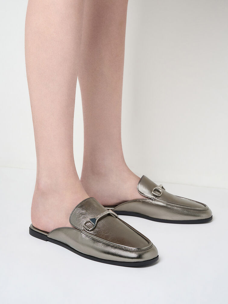 Leslie Metallic Mules, Pewter, hi-res