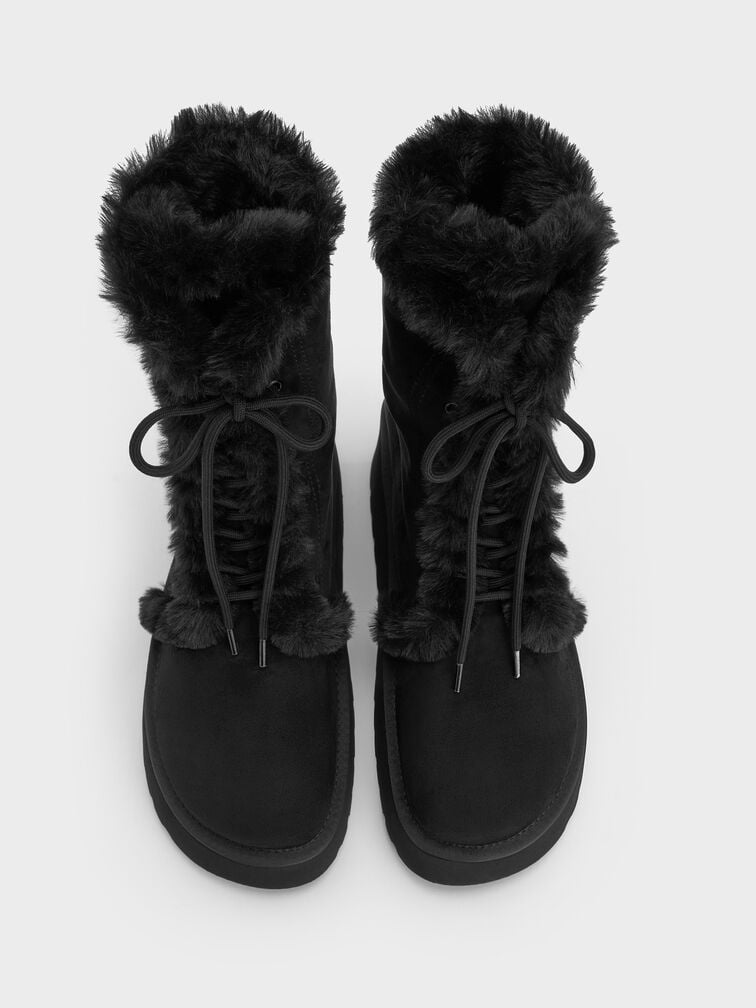 รองเท้าบูทแฟลตฟอร์มวัสดุหนังกลับสังเคราะห์ดีไซน์แบบพับขอบตกแต่งขนเฟอร์เทียม, สีแบล็คเท็กซ์เจอร์ รองเท้าบูทแฟลตฟอร์มวัสดุหนังกลับสังเคราะห์ดีไซน์แบบพับขอบตกแต่งขนเฟอร์เทียม, สีแบล็คเท็กซ์เจอร์, hi-res