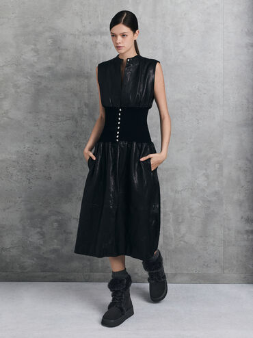 Faux Suede & Faux Fur Foldover Flatform Boots, Black Textured, hi-res