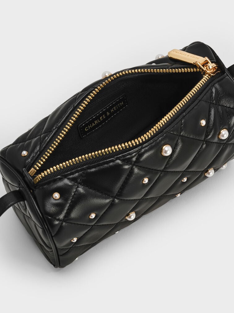 Janie Quilted Pearl Shoulder Bag, Black, hi-res