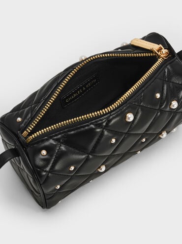 Janie Quilted Pearl Shoulder Bag, Black, hi-res