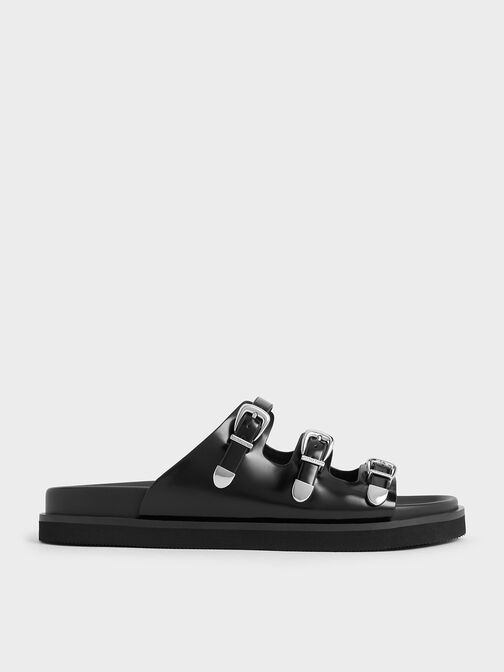 Buckled Triple-Strap Sandals, Black Boxed, hi-res