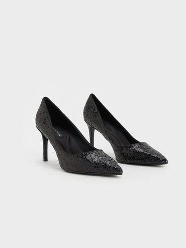 Emmy Glittered Pointed-Toe Pumps, Black Textured, hi-res