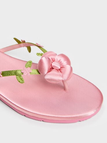 รองเท้าแตะหนีบประดับดอกไม้บุนวม, สีชมพู, hi-res