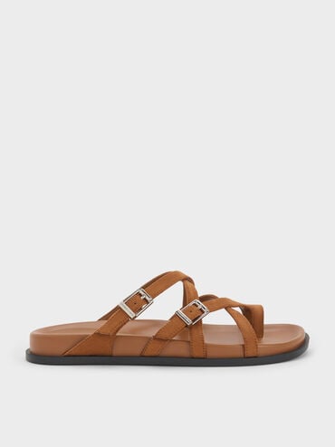 รองเท้าแตะวัสดุหนังกลับดีไซน์สายไขว้คล้องนิ้วเท้า, สีคอนยัค, hi-res