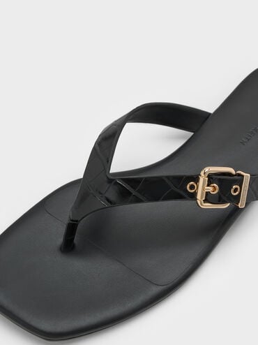 รองเท้าแตะหนีบดีเทลตกแต่งหัวเข็มขัดเอฟเฟกต์ลายจระเข้, สีดำลายพิมพ์สัตว์, hi-res