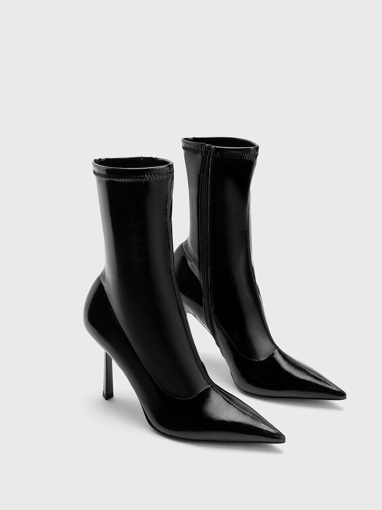 Patent Crinkle-Effect Pointed-Toe Stiletto Heel Ankle Boots, , hi-res