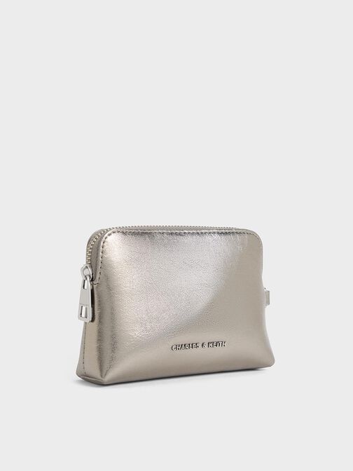 Atwood Metallic Crinkle-Effect Chain-Handle Pouch, Pewter, hi-res