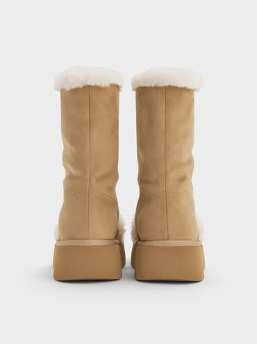 Faux Suede & Faux Fur Foldover Flatform Boots, Sand, hi-res