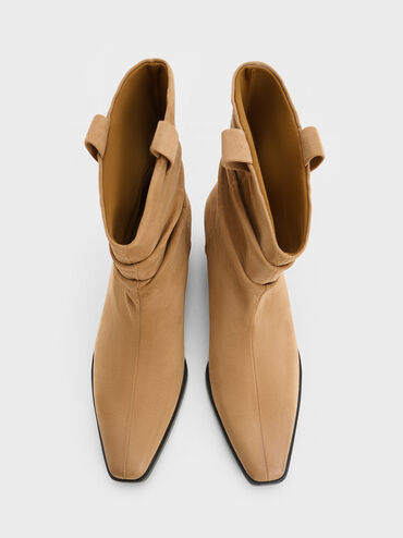 Faux Suede Ruched Almond-Toe Cowboy Ankle Boots, Tan, hi-res